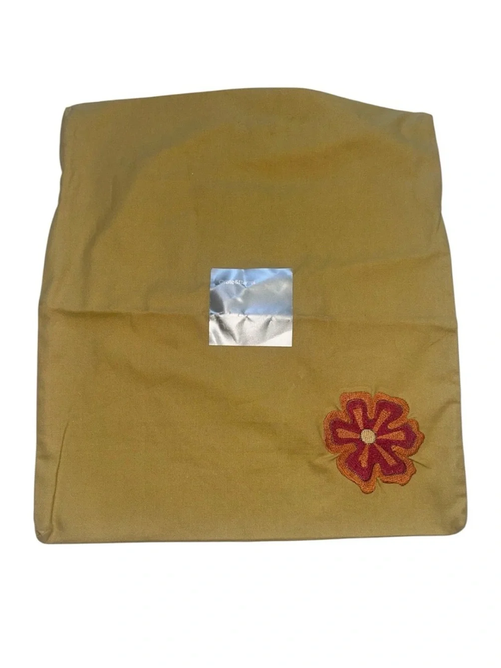 Crate & Barrel Cotton Pillow Cover Yellow Gold Embroidered Flower New 16x14